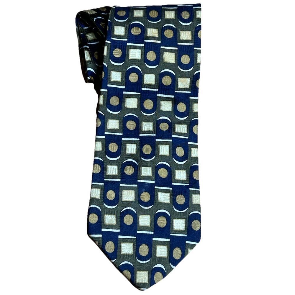 Vintage J. Riggins Silk Necktie Men's Blue Gold Geometric Abstract Art Deco USA